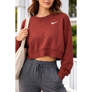 Nike Cropped Sweatshirt XS Rust Brown Swoosh Crewneck Athleisure Cozy Pullover
